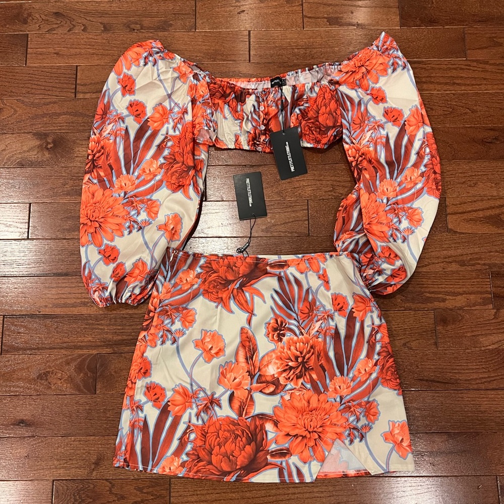 Pretty Little Thing Multi Floral Woven Mini Skirt and Crop top Set